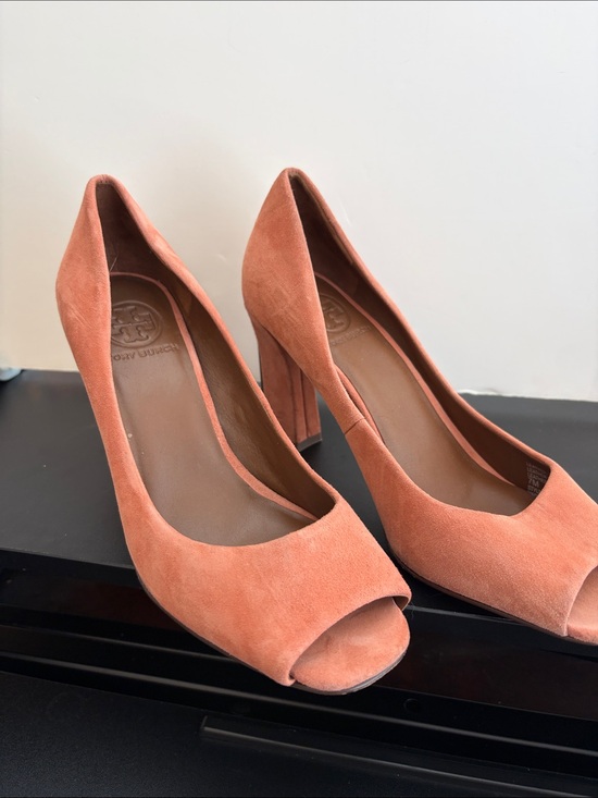 Tory Burch Shoes - Tory Burch Coral Suede Peep-Toe Block Heels